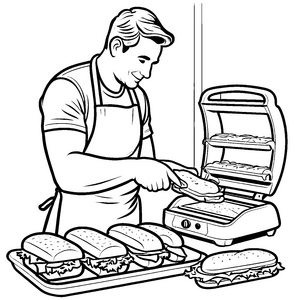 Fröhlicher Mann mit Sandwichmaker und sechs leckeren Snacks Ausmalmotiv für hungrige Entdecker
