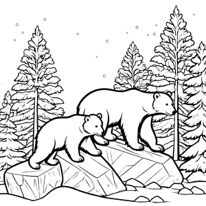 Zwei süße Eisbären beim Spielen im Wald Ausmalbild für kleine Naturfans mit großer Fantasie