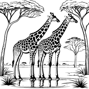 Zwei anmutige Giraffen am ruhigen Wasser Malvorlage für kleine Abenteuerliebhaber