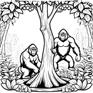 Zwei verspielte Gorillas im Baum Malvorlage für abenteuerliche Entdecker