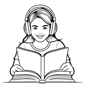 Mädchen mit Kopfhörern und großem Buch Ausmalbild für kleine Bücherwürmer
