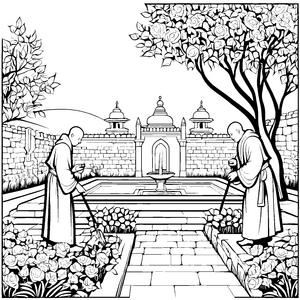 Magische Berufe im geheimnisvollen Garten mit Zauberstab Ausmalbild für fantasievolle Forscher