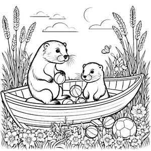 Zwei entzückende Otterbabys im Sportboot Ausmalbild für abenteuerlustige Wasserliebhaber