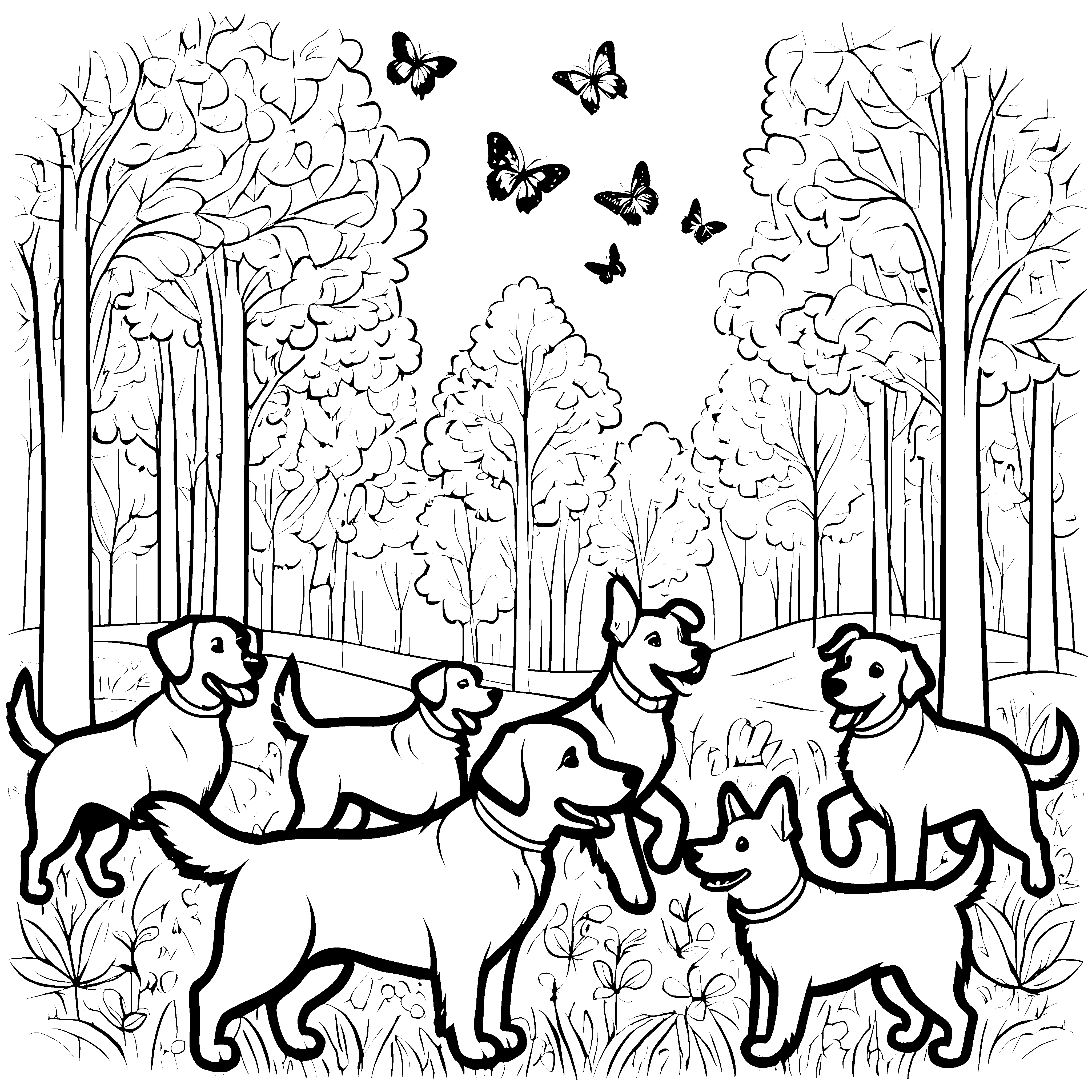 Sechs fröhliche Hunde im Wald Malvorlage für neugierige Naturentdecker
