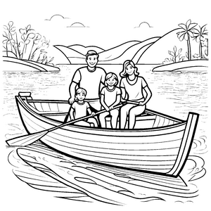 Familienfreundliches Ruderboot mit fröhlicher Mannschaft Ausmalvorlage für kleine Wassersportler