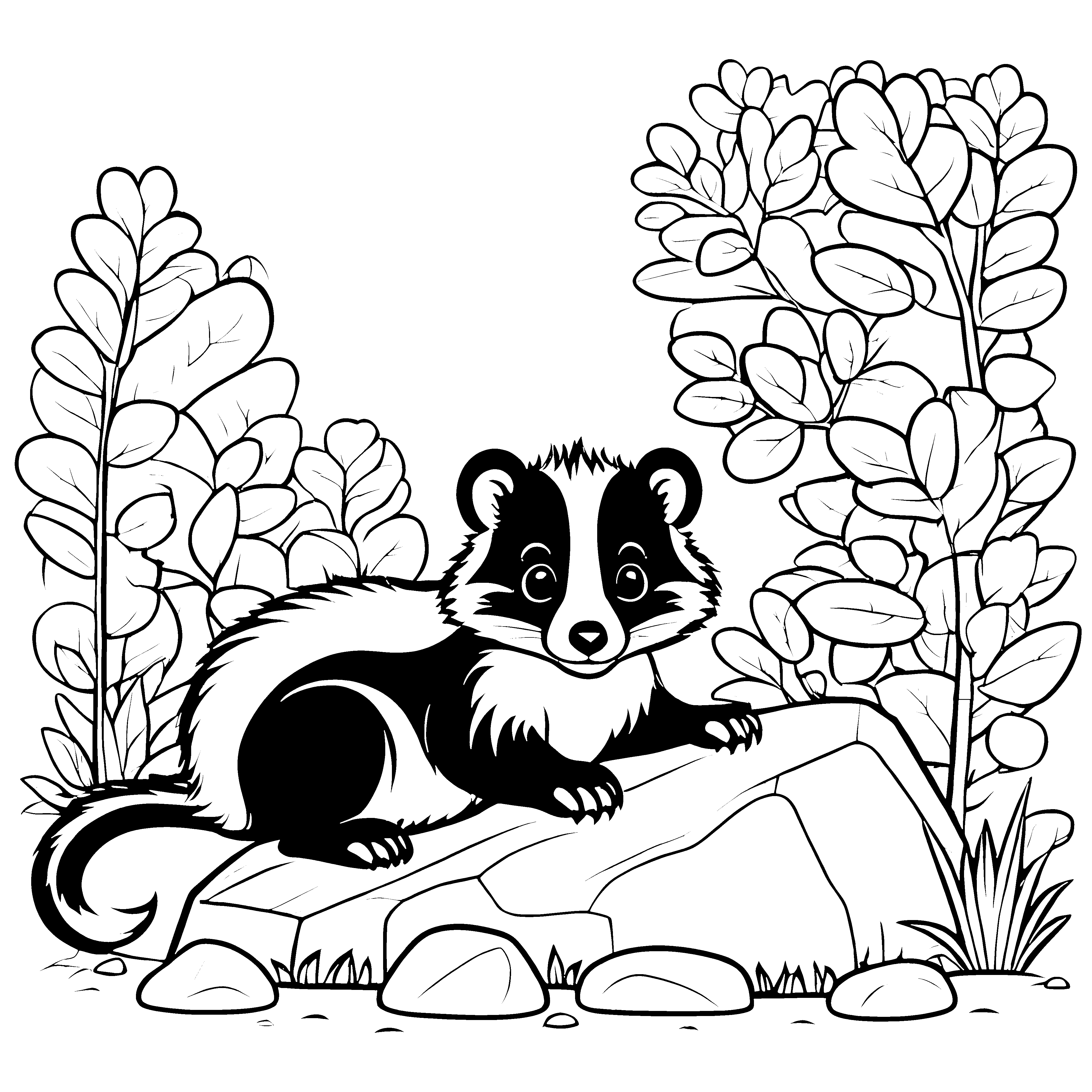 Neugieriges Stinktier-Baby auf großem Felsen Ausmalvorlage für kreative Tierfreunde und kleine Forscher