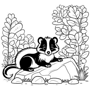 Neugieriges Stinktier-Baby auf großem Felsen Ausmalvorlage für kreative Tierfreunde und kleine Forscher