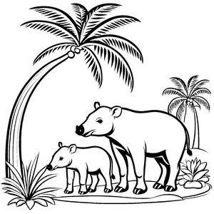 Faszinierendes Tapir-Familienmotivufer unter Palmen Ausmalvorlage für kleine Naturforscher