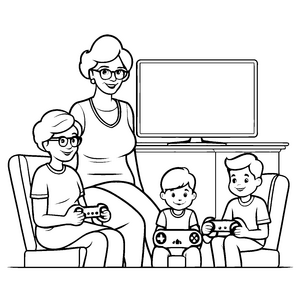 Begeisterte Familie mit Spielcontrollern im Wohnzimmer Ausmalbild für kleine Spieleabenteurer