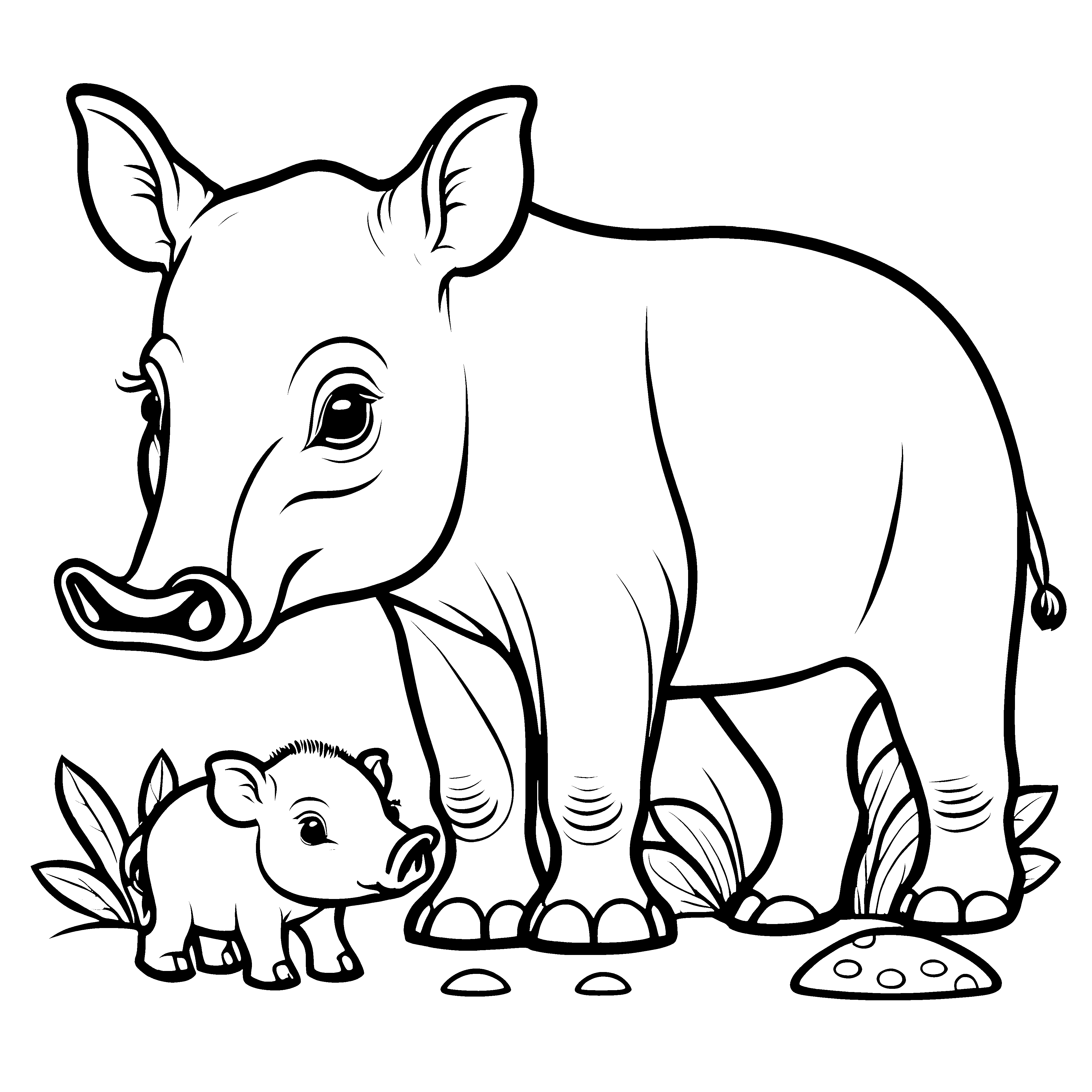 Bezaubernde Mama Tapir mit ihrem kleinen Jungtier Ausmalbild für neugierige Tierliebhaber