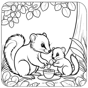 Zwei neugierige Stinktier-Babys neben ihrem Snack Malvorlage für kleine Gourmetfreunde und abenteuerliche Entdecker