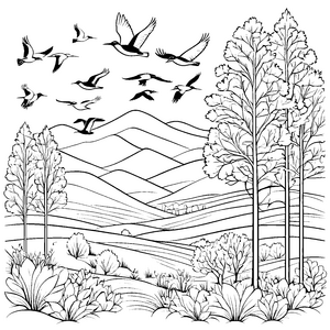 Flocke fliegender Vögel über majestätischer Berglandschaft Ausmalbild für kreative Naturentdecker