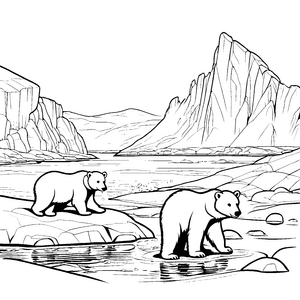 Zwei verspielte Eisbären im glitzernden Bach Ausmalvorlage für neugierige Kleinkünstler mit Entdeckergeist