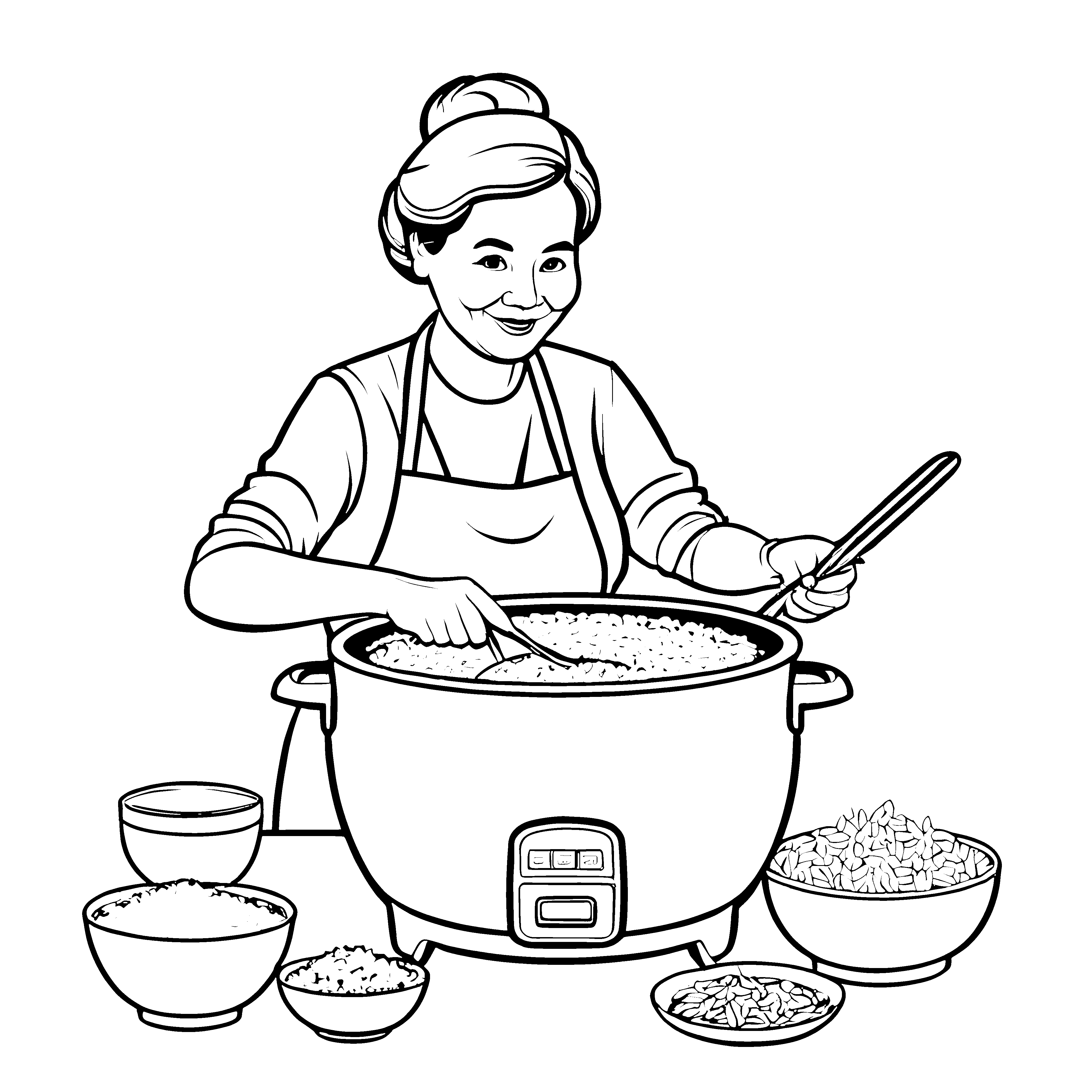 Genussvolle Köchin mit sprudelndem Kochtopf Ausmalbild für kleine Gourmet-Entdecker