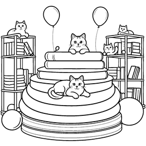Schmusekatze auf der Buchreihentreppe mit Luftballons Ausmalvorlage für abenteuerlustige Tierfreunde und kleine Buchliebhaber