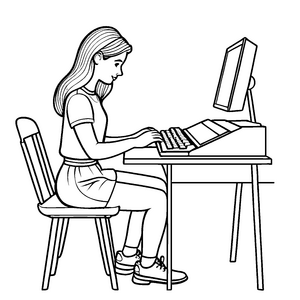 Frau am Desktop-Computer in spannender Arbeit Malvorlage für neugierige Entdeckerinnen