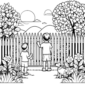 Fröhliche Kinder mit Hund hinter dem Gartenzaun Ausmalbild für abenteuerliche Entdecker und Spielverliebte