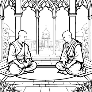 Inspirierende Mönche in harmonischer Meditation Ausmalbild für besinnliche Künstler