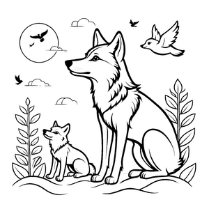 Nachtaktive Wolfsbabys unter dem strahlenden Mond Ausmalmotiv für träumerische Abenteurer
