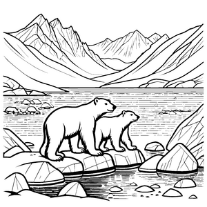Zwei kuschelige Eisbären am glitzernden See Ausmalvorlage für kleine Tierliebhaber und Naturfreunde