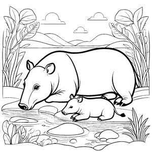 Zwei neugierige Tapir Jungtiere am plätschernden Bach Ausmalmotiv für abenteuerlustige Naturentdecker