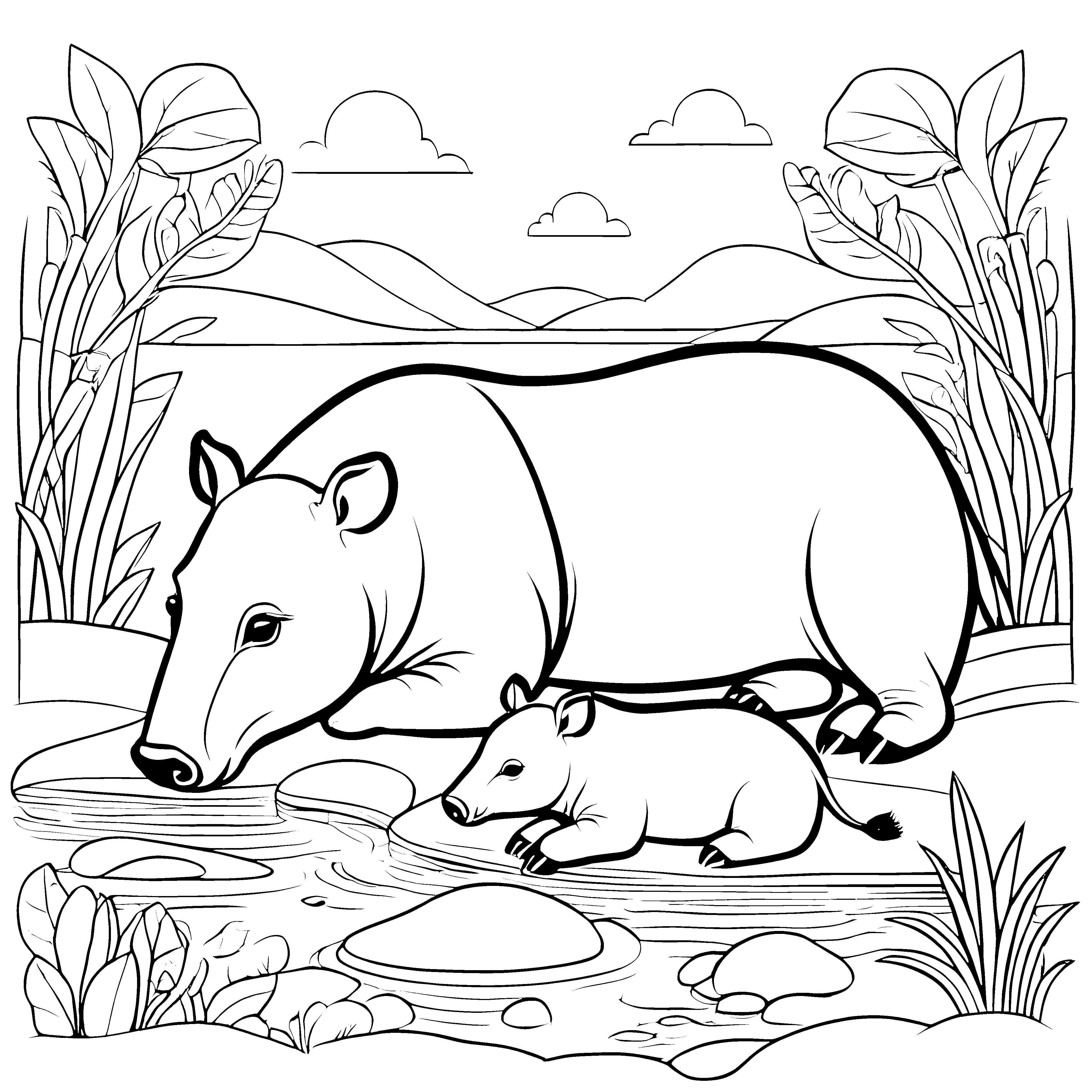 Zwei neugierige Tapir Jungtiere am plätschernden Bach Ausmalmotiv für abenteuerlustige Naturentdecker