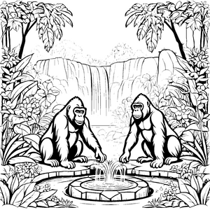 Zwei verspielte Gorillas am Teich Malvorlage für kleine Dschungelforscher