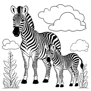 Stilisiertes Zebra mit seinem süßen Fohlen Ausmalbild für kleine Abenteurer in der Natur