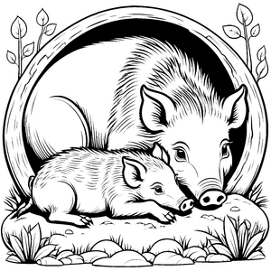 Faszinierendes Wildschwein-Baby kuschelt mit seinem Ferkel Ausmalbild für kleine Entdecker mit starken Träumen