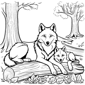 Zwei kuschelige Wolfsbabys auf Baumstamm Malbild für junge Naturforscher