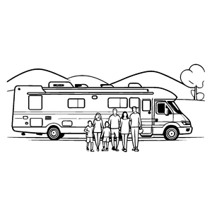 Familie vor dem Wohnmobil mit entspannter Atmosphäre Ausmalvorlage für abenteuerlustige Reisefreunde