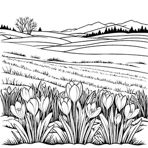 Schneeweiße Krokusse in blühendem Wiesenmeer Ausmalbild für kleine Gartenforscher mit blühender Fantasie