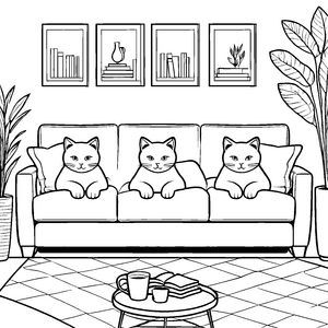 Drei süße Katzen auf kuscheligem Dreisitzer-Sofa Malvorlage für neugierige Tierfreunde
