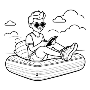 Junge mit Sonnenbrille auf bunter Luftmatratze Malvorlage für abenteuerliche Wasserratten