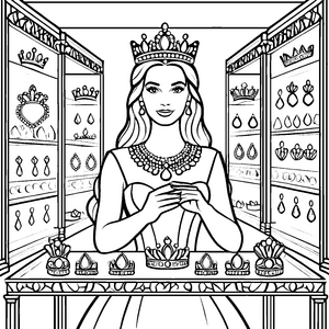 Faszinierende Dame mit königlicher Tiara und Zepter Ausmalmotiv für träumende Schmuckliebhaber