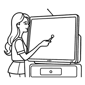 Frau zeigt auf leeren Fernseher Ausmalbild für neugierige Kinder