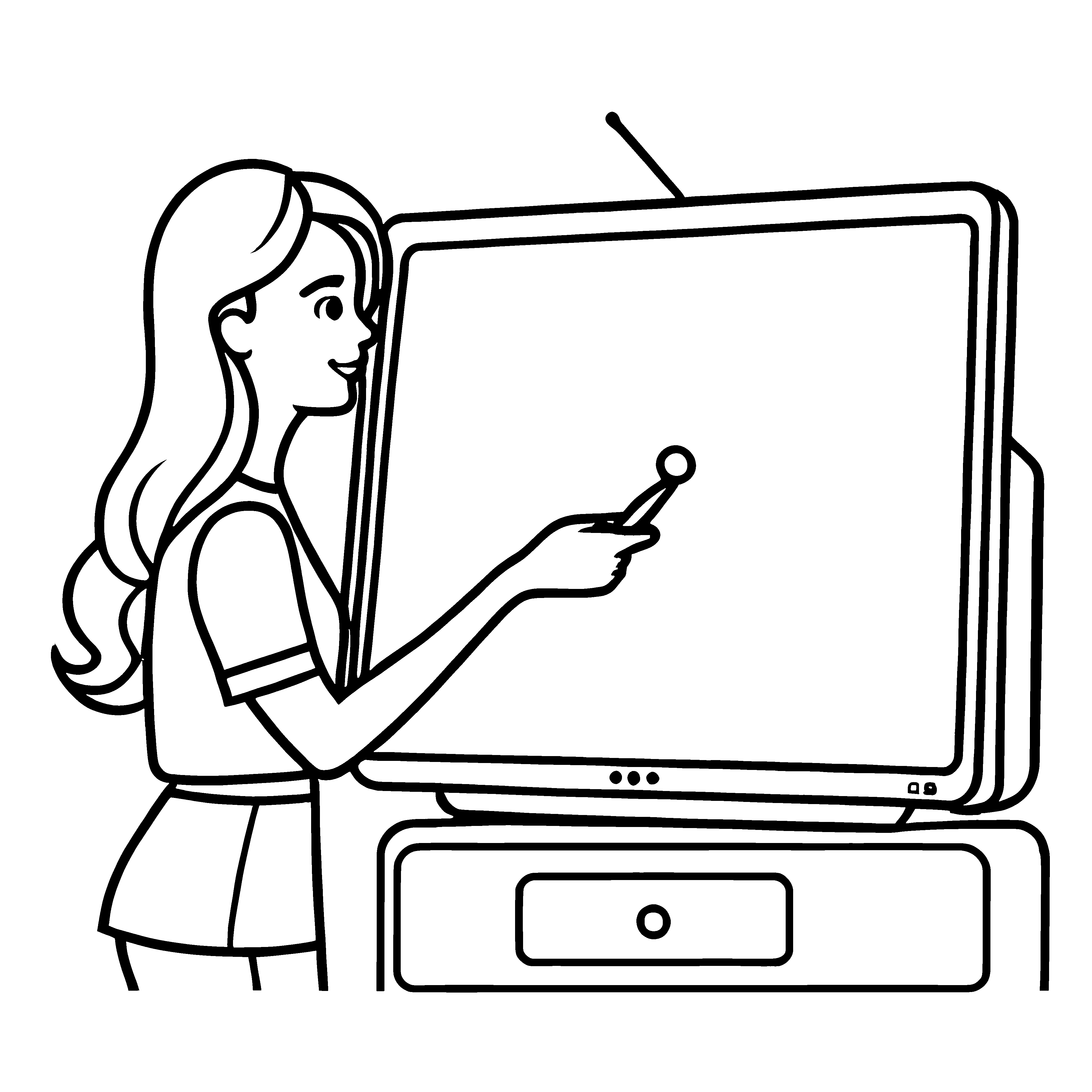 Frau zeigt auf leeren Fernseher Ausmalbild für neugierige Kinder