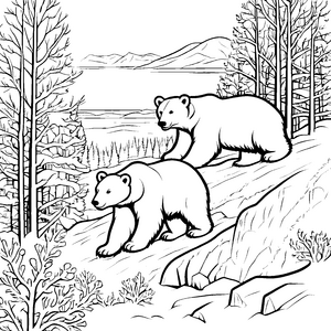 Zwei verspielte Eisbären auf felsiger Hügellandschaft Ausmalmotiv für kleine Frostfans und Abenteurer