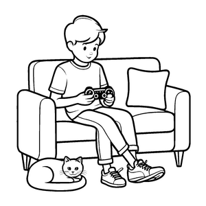 Zwei Freunde beim Gaming mit entspanntem Stubentiger Ausmalbild für kleine Spieler und Tierliebhaber