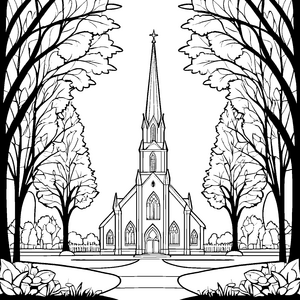 Faszinierende Kirche mit idyllischer Baumkulisse Malvorlage für träumerische Entdecker