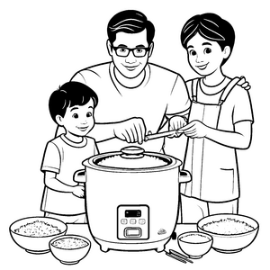 Familie beim Kochen mit vielseitigem Reiskocher Ausmalvorlage für kleine Küchenmeister