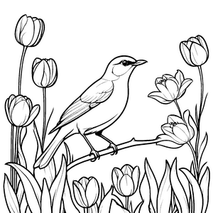 Anmutiger Vogel auf Zweig mit fröhlichen Tulpen Ausmalmotiv für fantasievolle Künstler