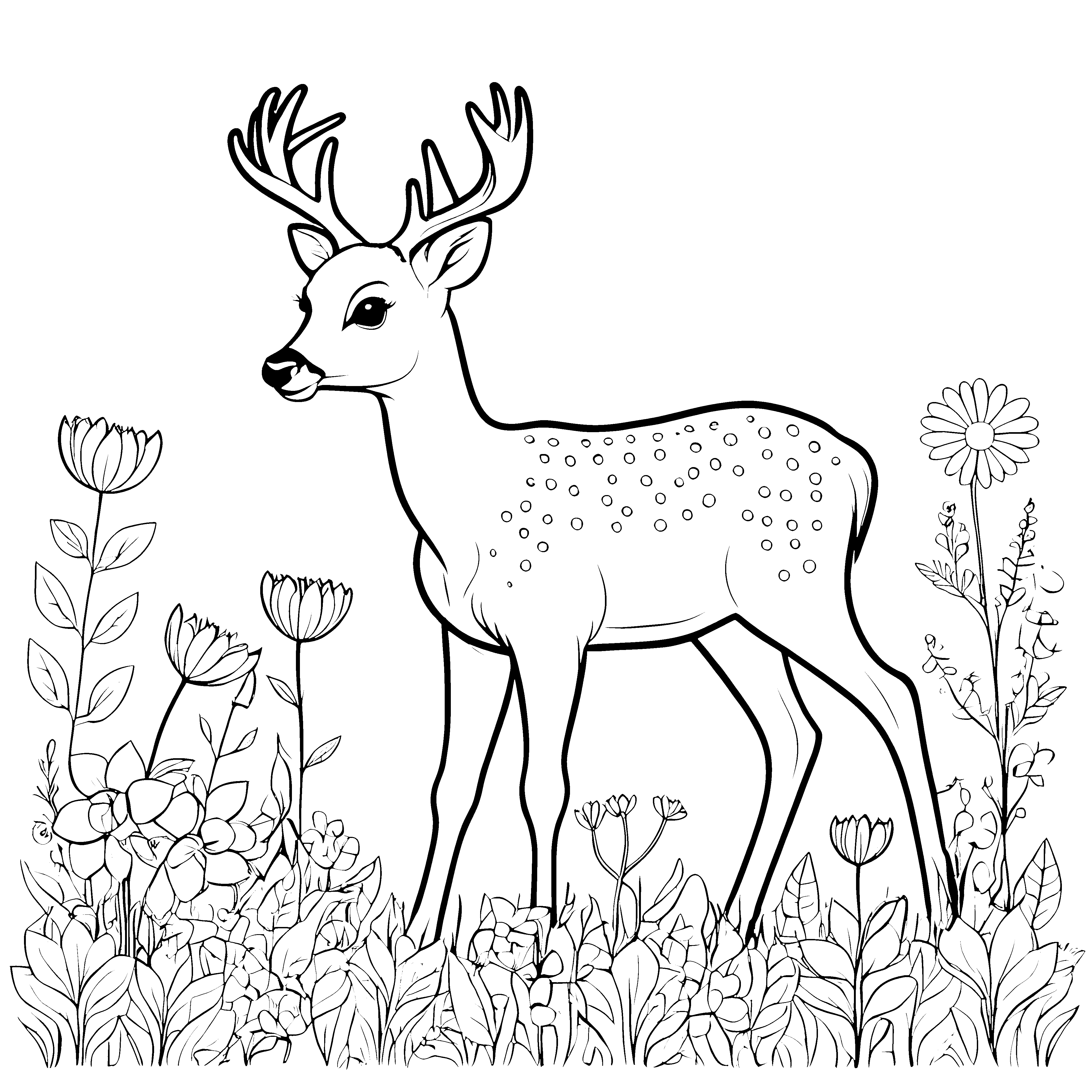 Majestätisches Riesenhirsch-Jungtier im Blumenmeer Malvorlage für junge Naturzauberer