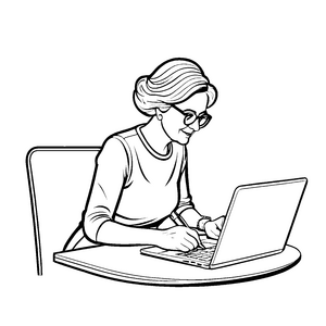 Begeisterte Frau mit Laptop am Tisch Malvorlage für junge Digitalhelden