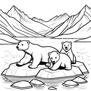 Drei charmante Eisbären auf großer Felsformation Ausmalbild für kleine Künstler mit großem Entdeckergeist