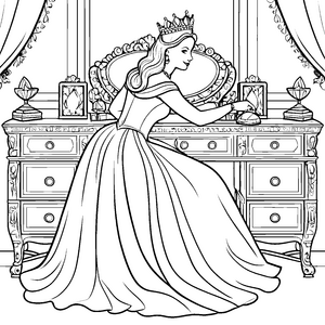 Fesselnde Dame mit funkelnder Tiara am Frisiertisch Ausmalmotiv für stylische Träumer