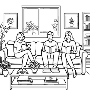 Gemütliche Lesestunde mit drei Familienmitgliedern auf dem Dreisitzer-Sofa Ausmalbild für entspannte Buchliebhaber