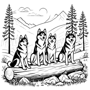 Vier verspielte Huskys auf einem Baumstamm Ausmalmotiv für junge Naturentdecker