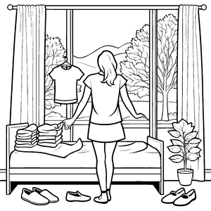Bezaubernde Frau am Fenster mit Damen-T-Shirts Ausmalbild für stilvolle Traumfänger