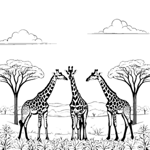 Drei faszinierende Giraffen im Baumfeld Ausmalbild für neugierige Kinder